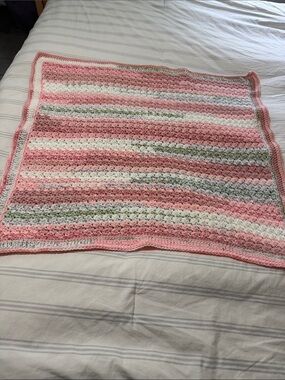 Handmade Baby Blanket - Pink, White & Green Crochet Throw